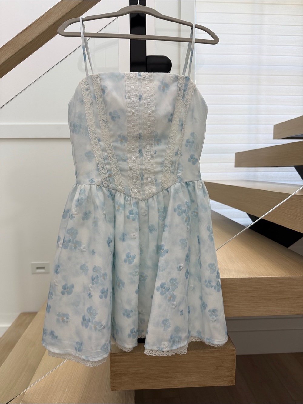 Blue Floral Lace-Trim Dress for teens